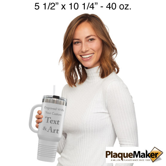 Size Guide With Happy Woman Holding White Stainless Steel Coffee Tumbler With Handle And Straw And Customizable Areas