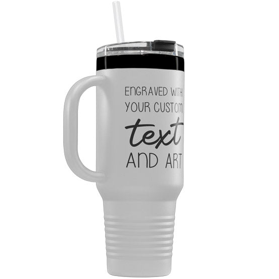 White And Black Stainless Steel Coffee Tumbler With Handle And Straw And Engraved To Show Customizable Areas For Text And Art