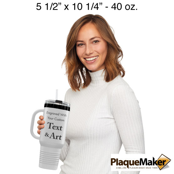 Size Guide With Happy Woman Holding Customizable White And Black Stainless Steel Coffee Tumbler With Handle And Straw