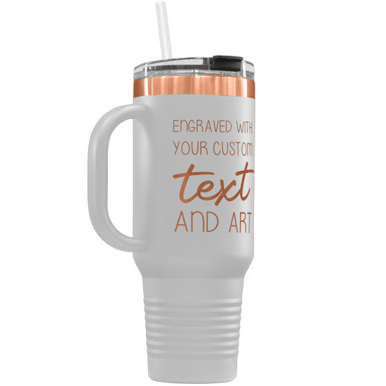 White And Rose Gold Stainless Steel Coffee Tumbler With Handle And Straw And Laser Engraved To Show Customizable Areas
