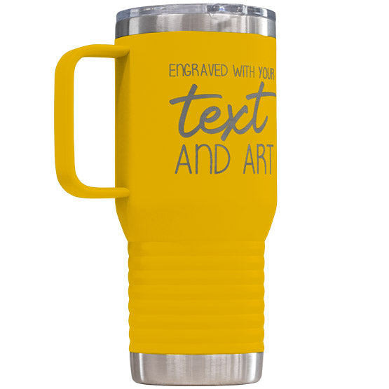 Custom Yellow Stainless Steel Coffee Tumbler With Handle And Laser Engraved To Show Customizable Areas For Text And Art