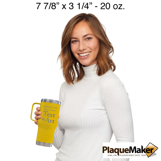 Size Guide With Happy Woman Holding Yellow Stainless Steel Coffee Tumbler With Handle And Showing Customizable Areas