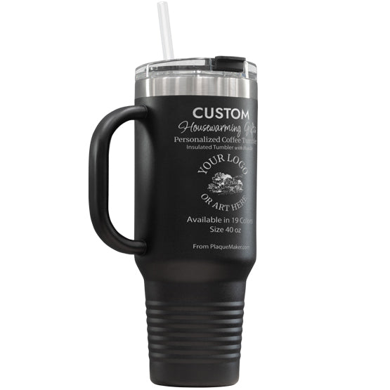 A custom black insulated tumbler with a built-in handle, clear straw, and stainless steel rim, showing customizable laser engraved text and placeholder artwork, set on a plain white background.