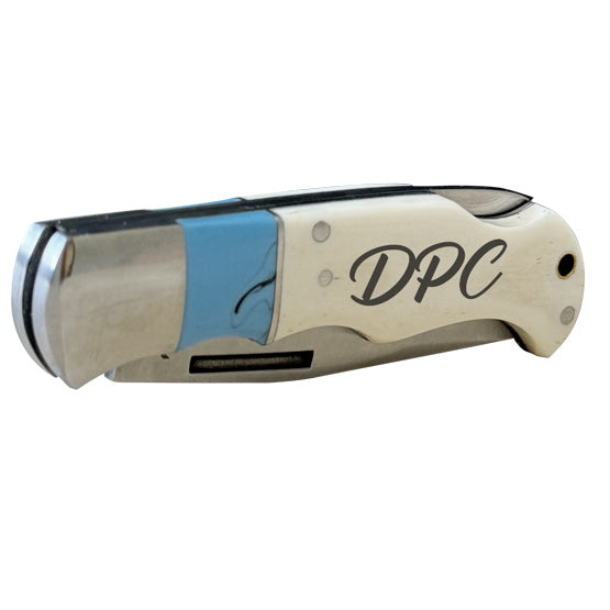 Custom Stainless Steel Folding Knife With Blue And Bone Handle And Laser Fused With Initials In A Closed Position