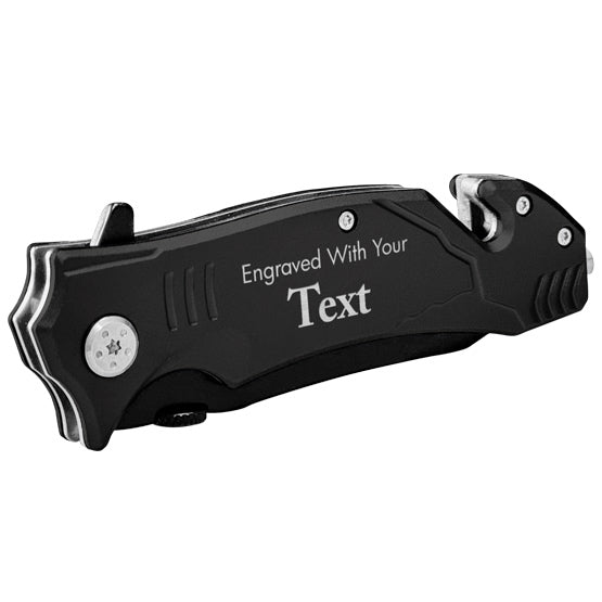 Black Stainless Steel Rescue Knife In Closed Position And Laser Engraved To Show Customizable Areas For Text And Art