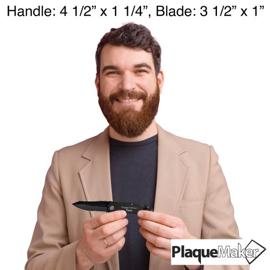 Size Guide With Man Holding Black Stainless Steel Rescue Knife In Open Position And Laser Engraved To Show Customizable Areas