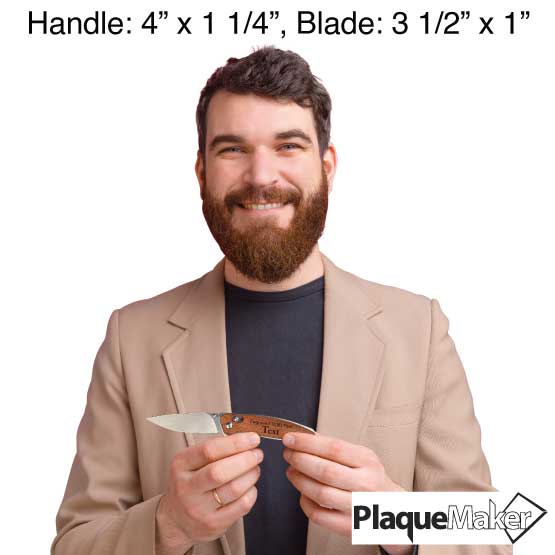 Size Guide With Man Holding Wood And Stainless Steel Folding Knife With Button Lock And Engraved To Show Customizable Areas
