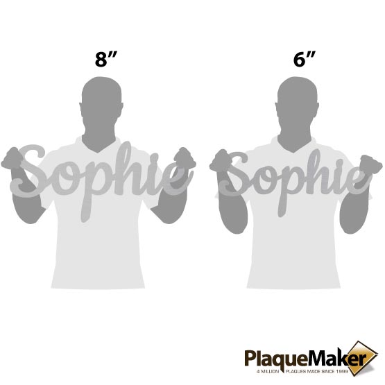 Size Guide With Blank Figures Holding Two Custom Cut Stainless Steel Metal Signs Featuring Cursive Style Sophie Names