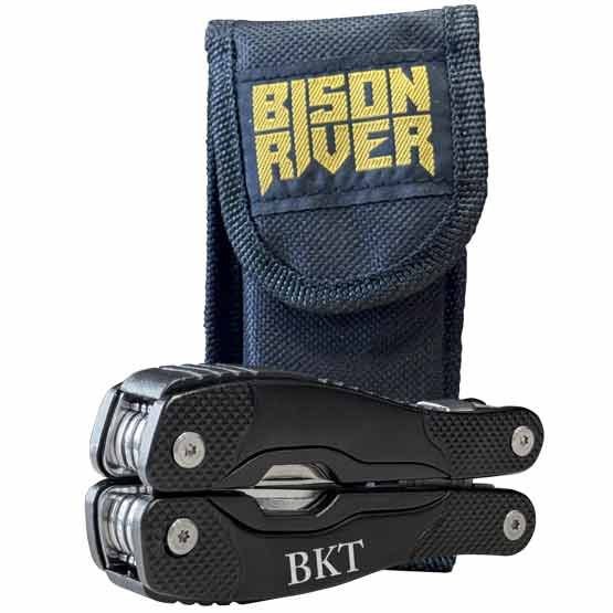 Custom Black Stainless Steel Multi Tool Laser Engraved With Initials Beside A Nylon Sheath Featuring Bison River Text