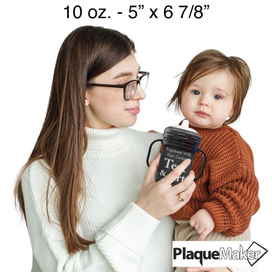 Size Guide With Woman Handing Black Stainless Steel Sippy Cup With Handles And Engraved To Show Customizable Areas To Baby
