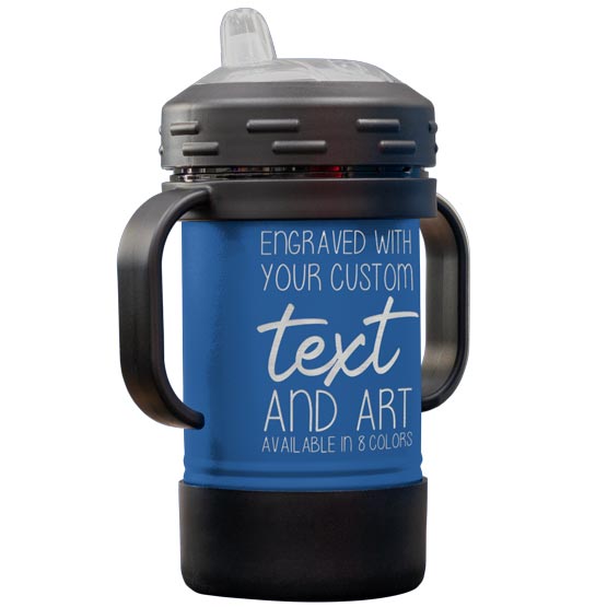 Custom Blue Stainless Steel Sippy Cup With Handles And Laser Engraved To Show Customizable Areas For Text And Art