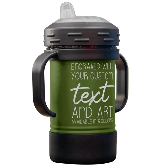 Custom Olive Green Stainless Steel Sippy Cup With Handles And Laser Engraved To Show Customizable Areas For Text And Art