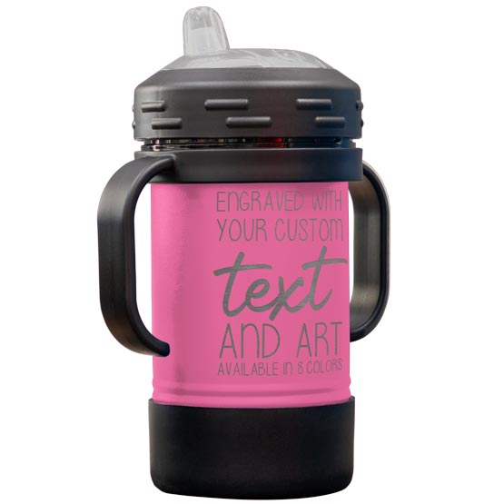 Custom Pink Stainless Steel Sippy Cup With Handles And Laser Engraved To Show Customizable Areas For Text And Art