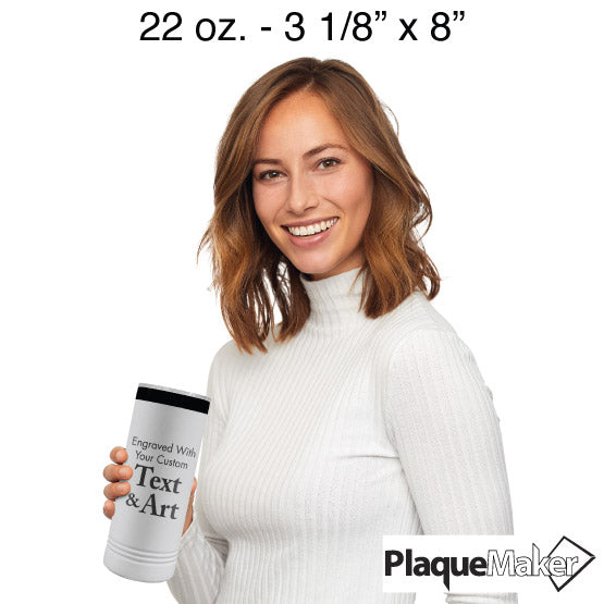 Size Guide With Happy Woman Holding White And Black Skinny Coffee Tumbler Laser Engraved To Show Customizable Areas