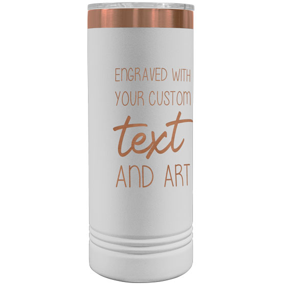 White And Rose Gold Skinny Coffee Tumbler With Clear Lid And Laser Engraved To Show Customizable Areas For Text And Art