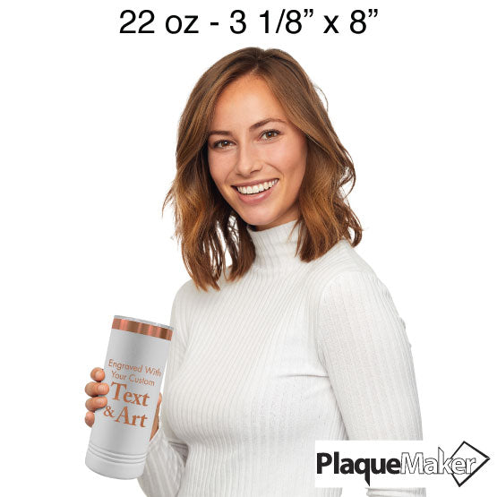Size Guide With Happy Woman Holding White And Rose Gold Skinny Coffee Tumbler Laser Engraved To Show Customizable Areas