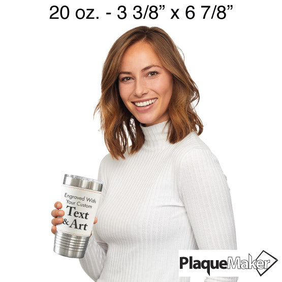 Size Guide With Happy Woman Holding Custom Faux Leather Wrapped Stainless Steel Coffee Tumbler With Baseball Theme