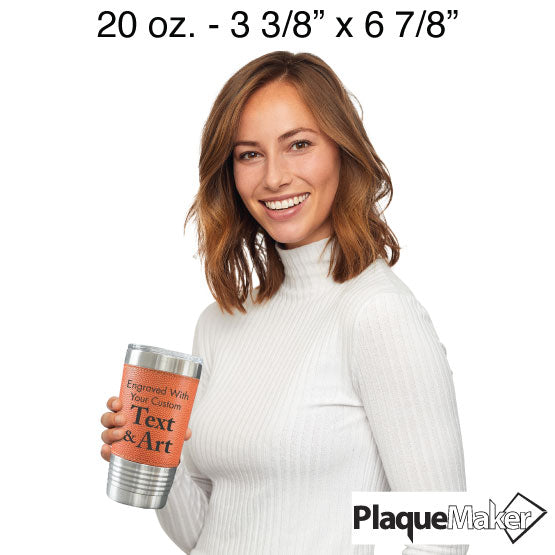 Size Guide With Happy Woman Holding Custom Faux Leather Wrapped Stainless Steel Coffee Tumbler With Basketball Theme