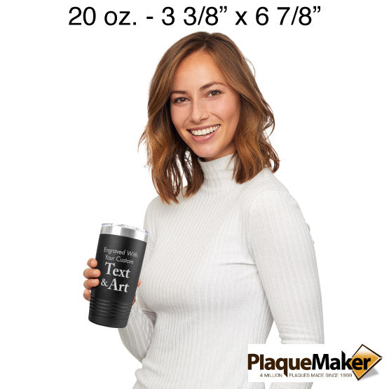 Size Guide With Happy Woman Holding Black Twenty Ounce Coffee Tumbler With Clear Lid And Showing Customizable Areas