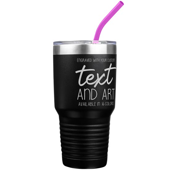 Custom Black Thirty Ounce Coffee Tumbler With Straw And Laser Engraved To Show Customizable Areas For Text And Art