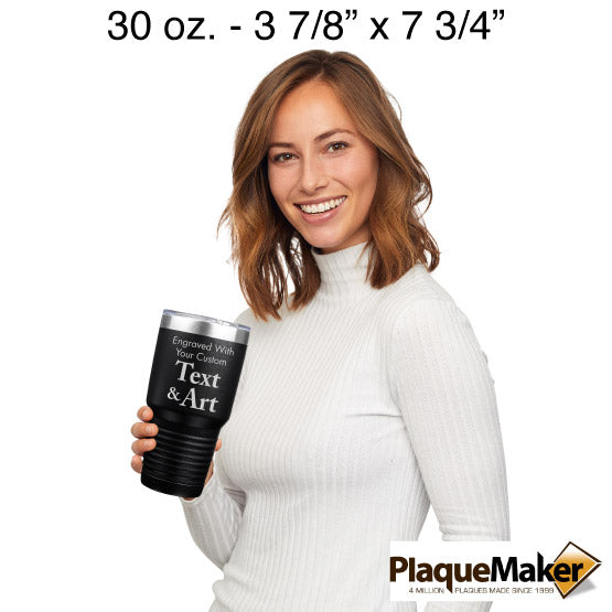 Size Guide With Happy Woman Holding Black Thirty Ounce Coffee Tumbler And Laser Engraved To Show Customizable Areas