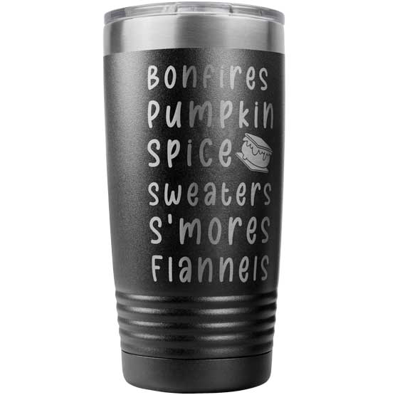 Custom Black Stainless Steel Coffee Tumbler With Clear Lid And Laser Engraved With Smore Art And Fall Themed Terms