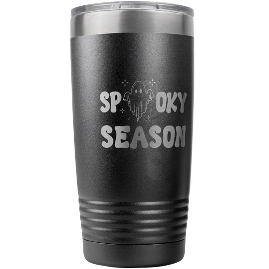 Custom Black Stainless Steel Coffee Tumbler With Clear Lid And Laser Engraved With Ghost Art Inside Spooky Season Text