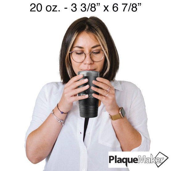 Size Guide With Woman Holding Black Stainless Steel Coffee Tumbler Laser Engraved With Ghost Art Inside Spooky Season Text