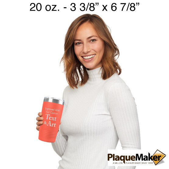 Size Guide With Happy Woman Holding Coral Twenty Ounce Coffee Tumbler With Clear Lid And Engraved To Show Customizable Areas