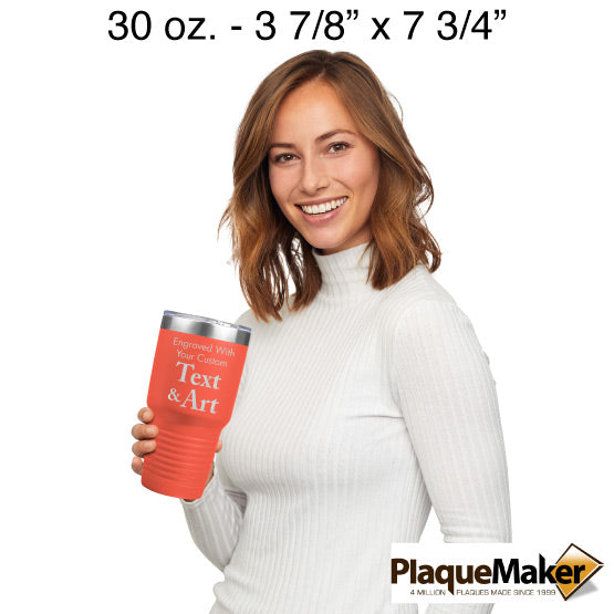 Size Guide With Happy Woman Holding Coral Thirty Ounce Coffee Tumbler Laser Engraved To Show Customizable Areas