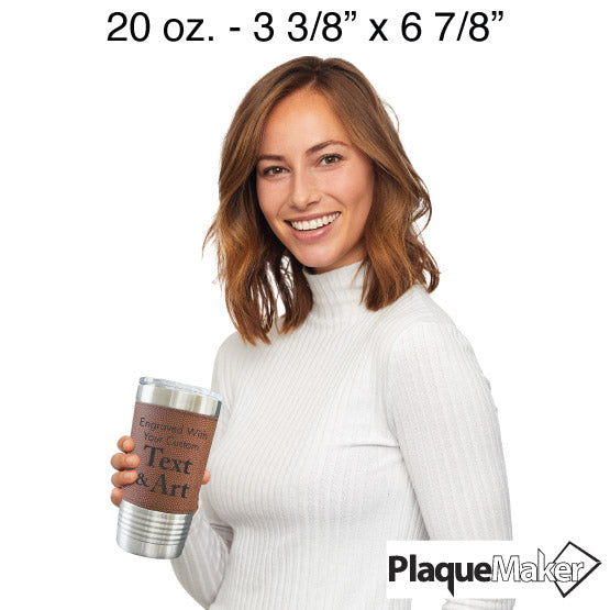 Size Guide With Happy Woman Holding Faux Leather Wrapped Coffee Tumbler With Football Theme And Customizable Areas
