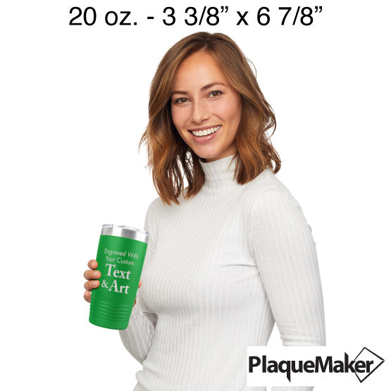 Size Guide With Happy Woman Holding Green Twenty Ounce Stainless Steel Coffee Tumbler Engraved To Show Customizable Areas