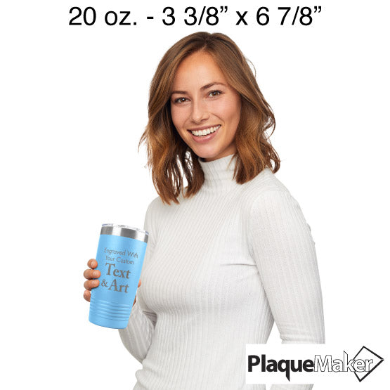 Size Guide With Happy Woman Holding Light Blue Twenty Ounce Coffee Tumbler Engraved To Show Customizable Areas