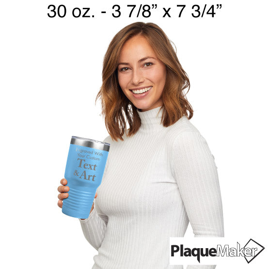 Size Guide With Happy Woman Holding Light Blue Thirty Ounce Coffee Tumbler Engraved To Show Customizable Areas
