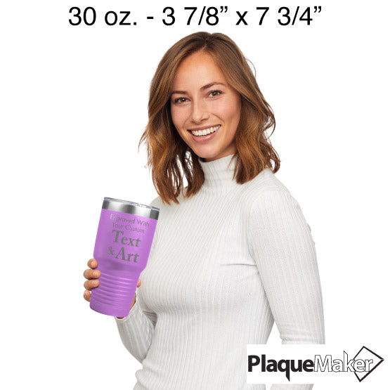 Size Guide With Happy Woman Holding Light Purple Thirty Ounce Coffee Tumbler Engraved To Show Customizable Areas