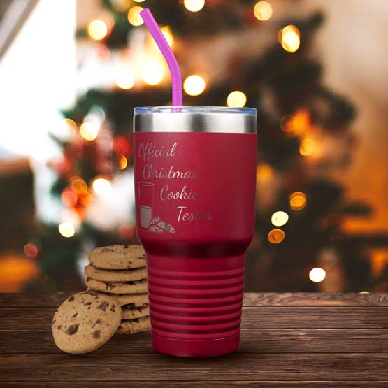 Maroon 20 Ounce Tumbler Engraved With Official Christmas Cookie Tester And Milk And Cookies Art On Wood Table With Cookies