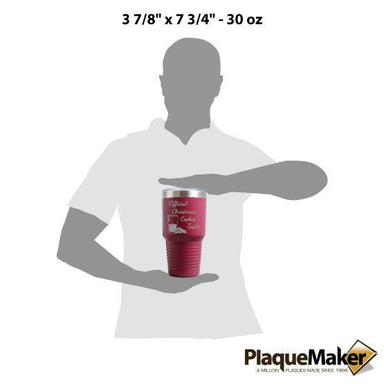 Size Guide With Blank Figure Holding Maroon 20 Ounce Tumbler Engraved With Cookie Tester Message And Milk And Cookies Art