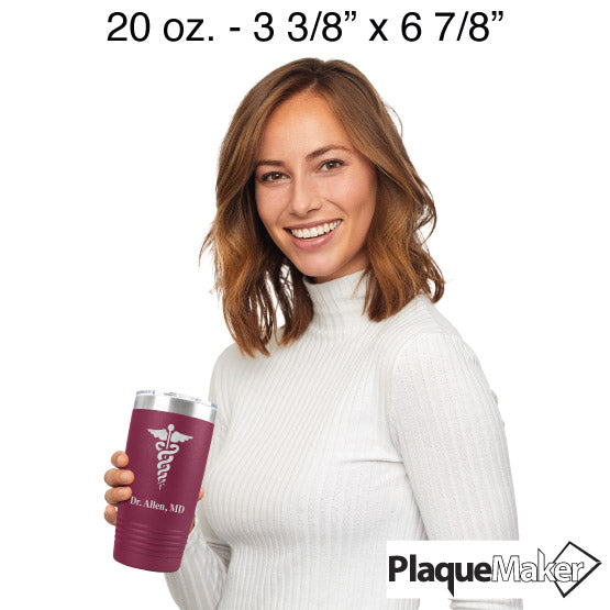 Size Guide With Happy Woman Holding Maroon 20 Ounce Stainless Steel Tumbler Engraved With Medical Staff Art And Doctor Name