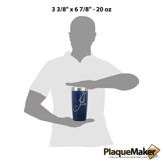 Size Guide With Blank Figure Holding Custom Navy Blue 20 Ounce Tumbler Laser Engraved With Name Inside Stethoscope Art