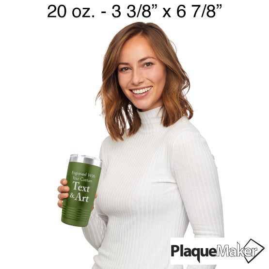 Size Guide With Happy Woman Holding Olive Green Twenty Ounce Stainless Steel Coffee Tumbler Engraved To Show Customizable Areas