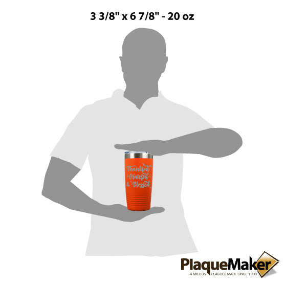 Size Guide With Blank Figure Holding Orange 20 Ounce Tumbler Engraved With Cursive Thankful Grateful And Blessed Message