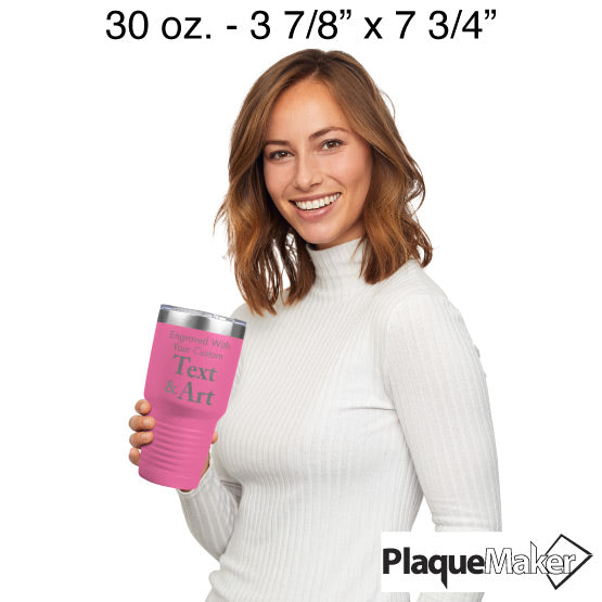 Size Guide With Happy Woman Holding Pink Thirty Ounce Stainless Steel Coffee Tumbler Engraved To Show Customizable Areas