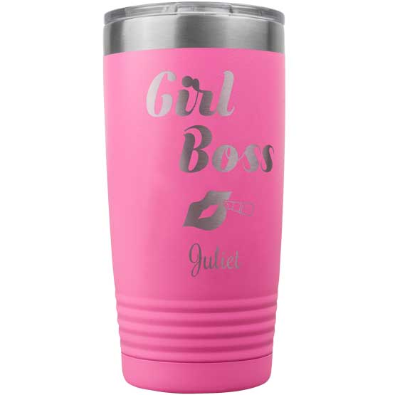 Pink 20 Ounce Stainless Steel Tumbler Laser Engraved With Girl Boss Text And Name And Lips Artwork Against White Background
