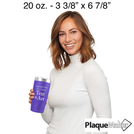 Size Guide With Happy Woman Holding Purple Twenty Ounce Stainless Steel Coffee Tumbler Engraved To Show Customizable Areas