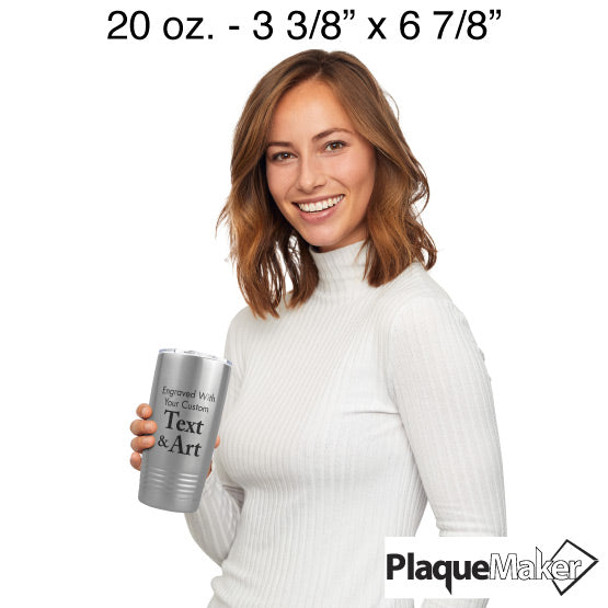 Size Guide With Happy Woman Holding Twenty Ounce Stainless Steel Coffee Tumbler Engraved To Show Customizable Areas