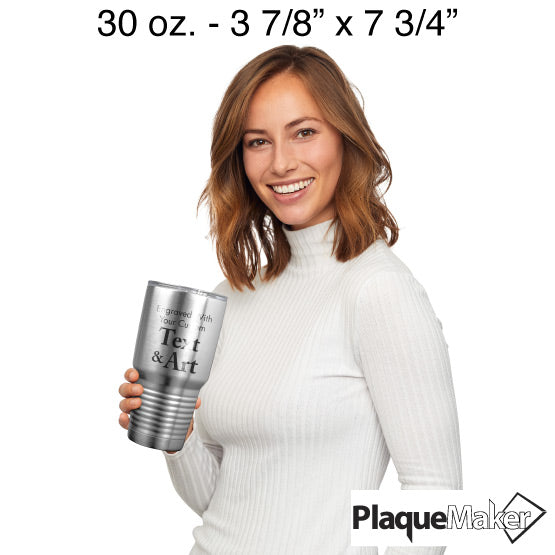 Size Guide With Happy Woman Holding Thirty Ounce Stainless Steel Coffee Tumbler Engraved To Show Customizable Areas