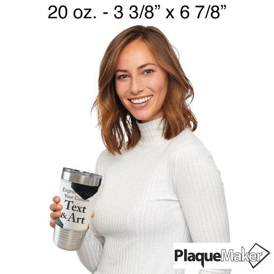Size Guide With Happy Woman Holding Faux Leather Wrapped Coffee Tumbler With Soccer Theme And Customizable Areas