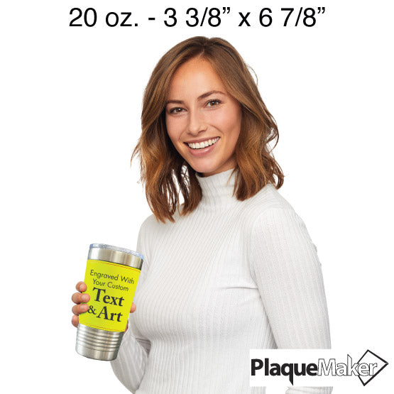 Size Guide With Happy Woman Holding Faux Leather Wrapped Coffee Tumbler With Softball Theme And Customizable Areas