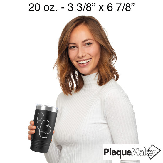 Size Guide With Happy Woman Holding Black 20 Ounce Stainless Steel Tumbler Engraved With Name Inside Stethoscope Art