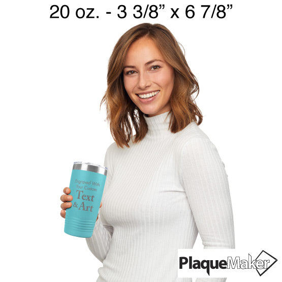Size Guide With Happy Woman Holding Teal Twenty Ounce Stainless Steel Coffee Tumbler Engraved To Show Customizable Areas